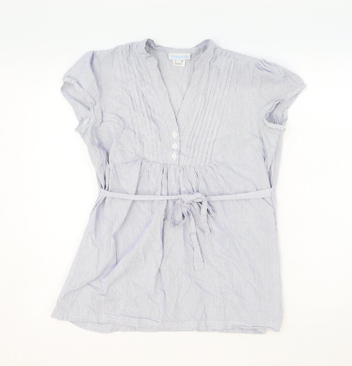 JoJo Maman Womens Blue Striped Cotton Basic Blouse Size 10 V-Neck