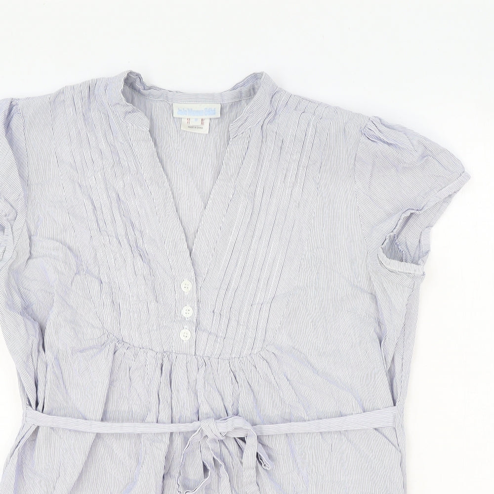 JoJo Maman Womens Blue Striped Cotton Basic Blouse Size 10 V-Neck