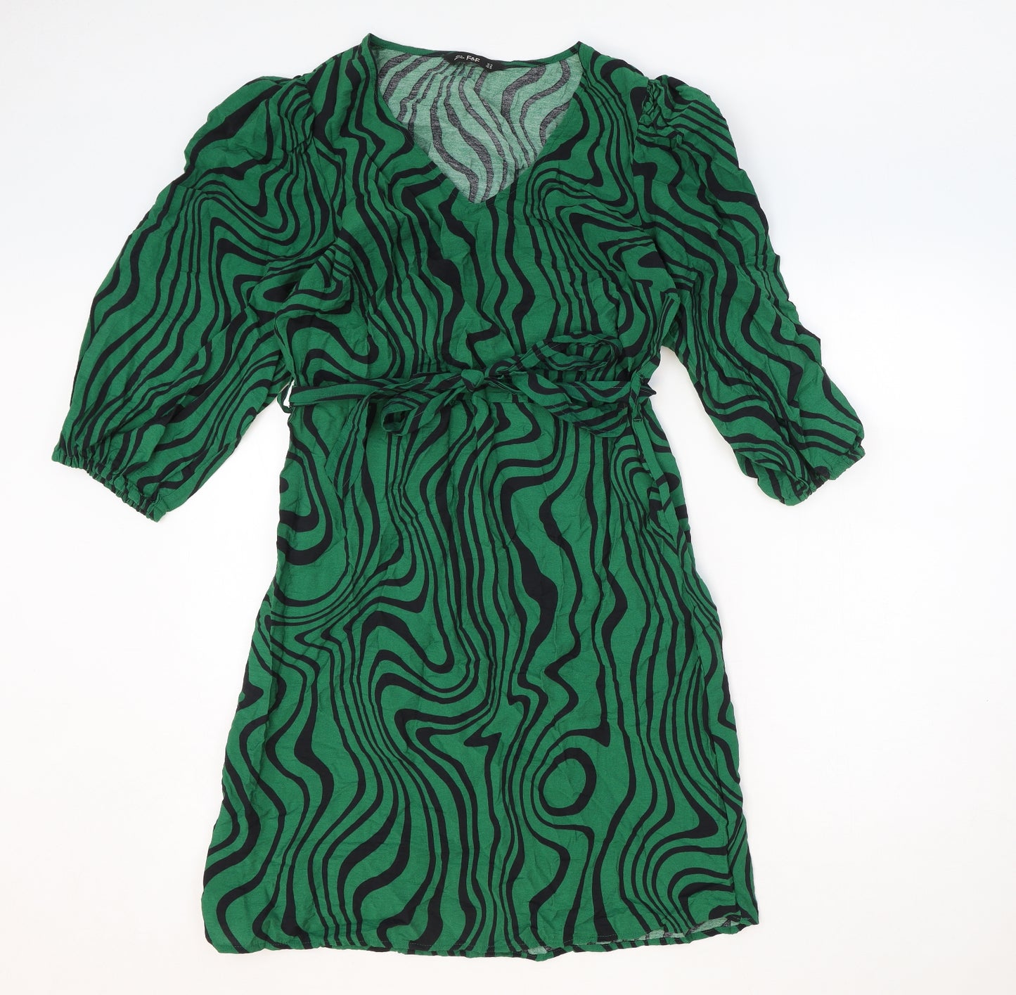 F&F Womens Green Geometric Viscose A-Line Size 14 V-Neck Tie