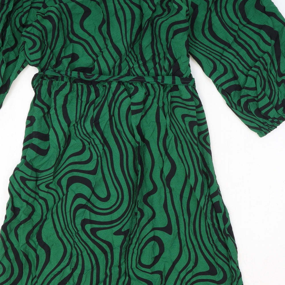 F&F Womens Green Geometric Viscose A-Line Size 14 V-Neck Tie