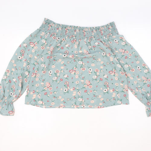 Wild Blue Womens Green Floral Polyester Basic Blouse Size M Off the Shoulder