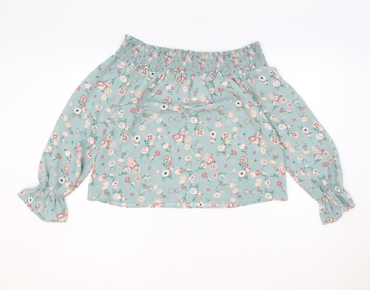 Wild Blue Womens Green Floral Polyester Basic Blouse Size M Off the Shoulder