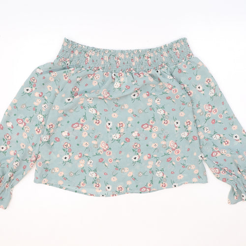 Wild Blue Womens Green Floral Polyester Basic Blouse Size M Off the Shoulder