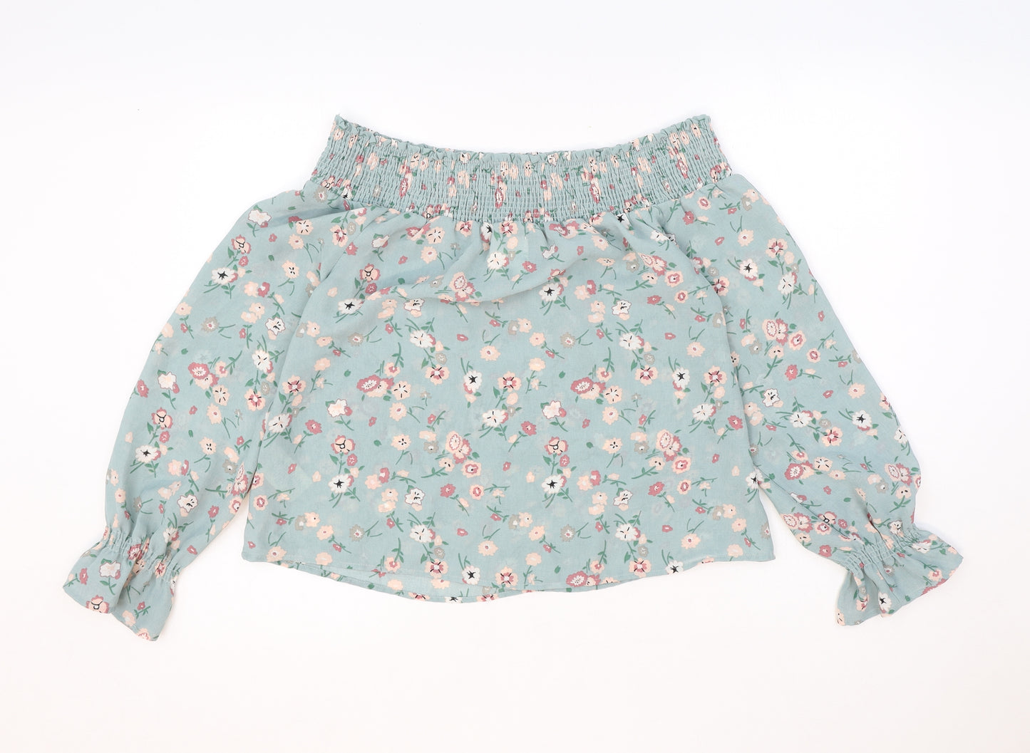 Wild Blue Womens Green Floral Polyester Basic Blouse Size M Off the Shoulder