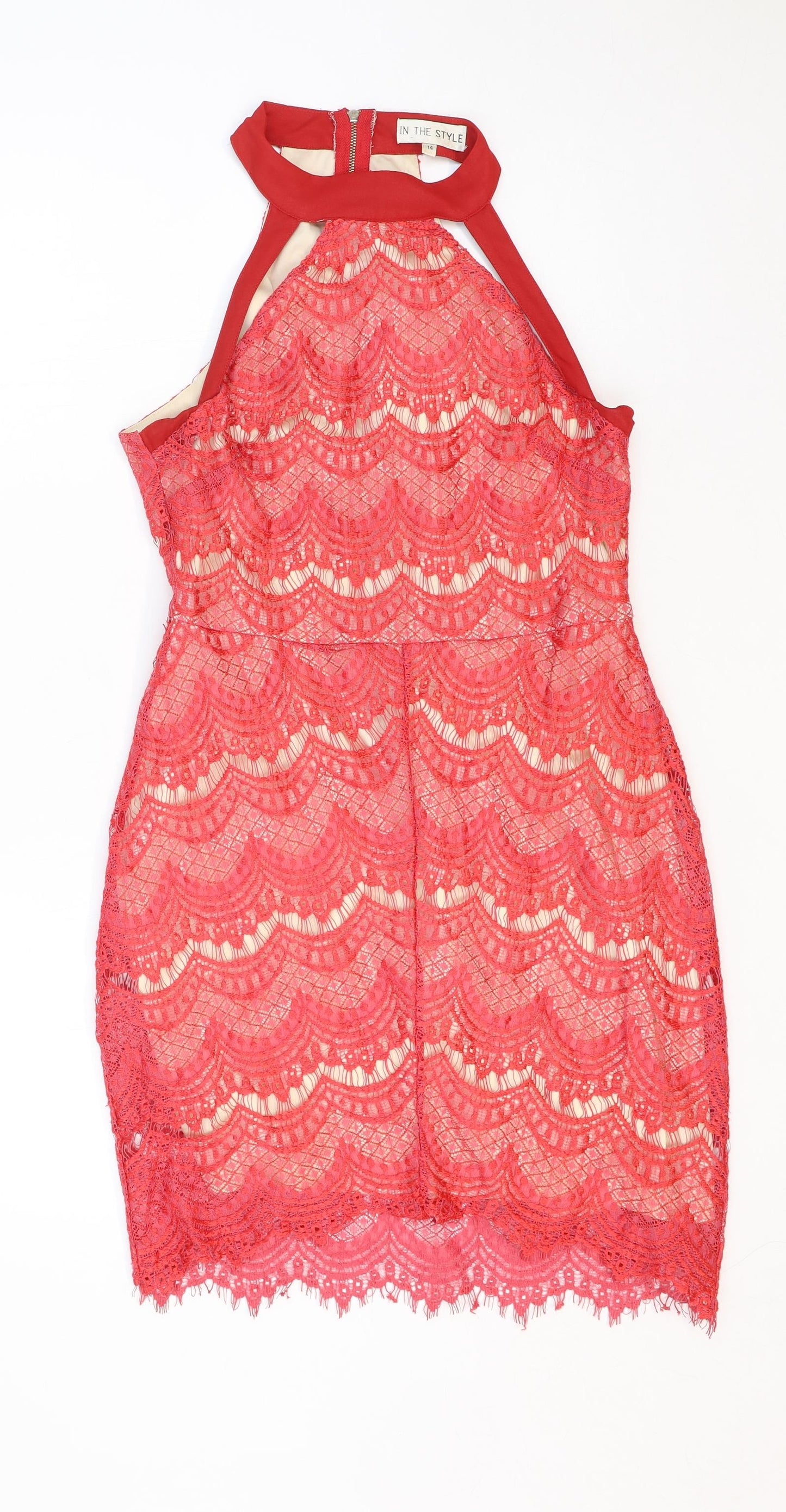 In the Style Womens Red Geometric Polyester Bodycon Size 14 Round Neck Zip