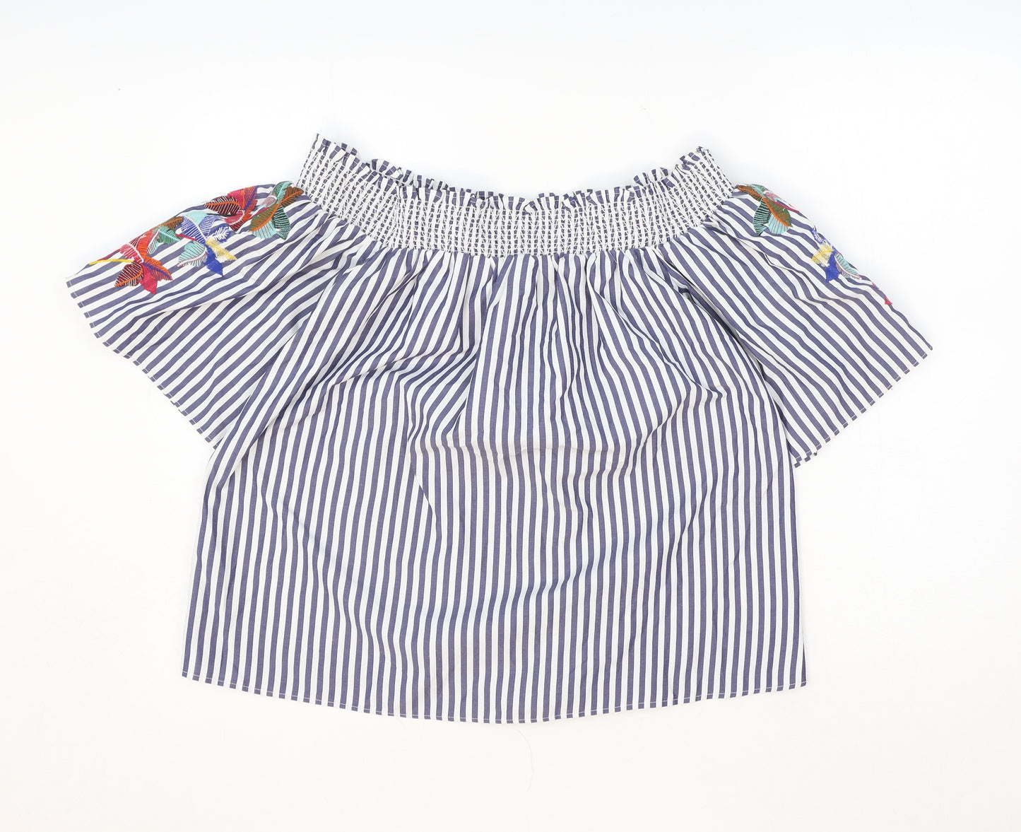 Marks and Spencer Womens Blue Striped Polyester Cropped Tank Size 8 Off the Shoulder - Palm Tree Embroidery