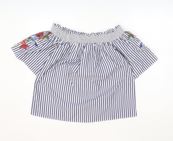 Marks and Spencer Womens Blue Striped Polyester Cropped Tank Size 8 Off the Shoulder - Palm Tree Embroidery