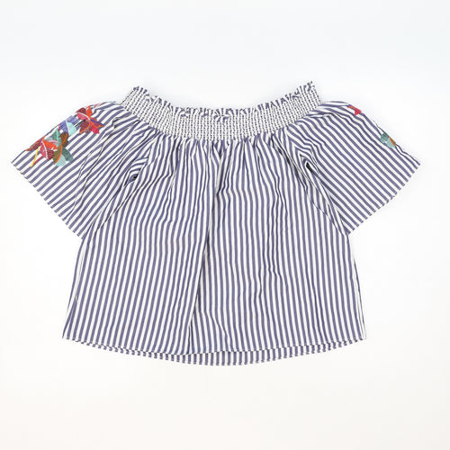 Marks and Spencer Womens Blue Striped Polyester Cropped Tank Size 8 Off the Shoulder - Palm Tree Embroidery
