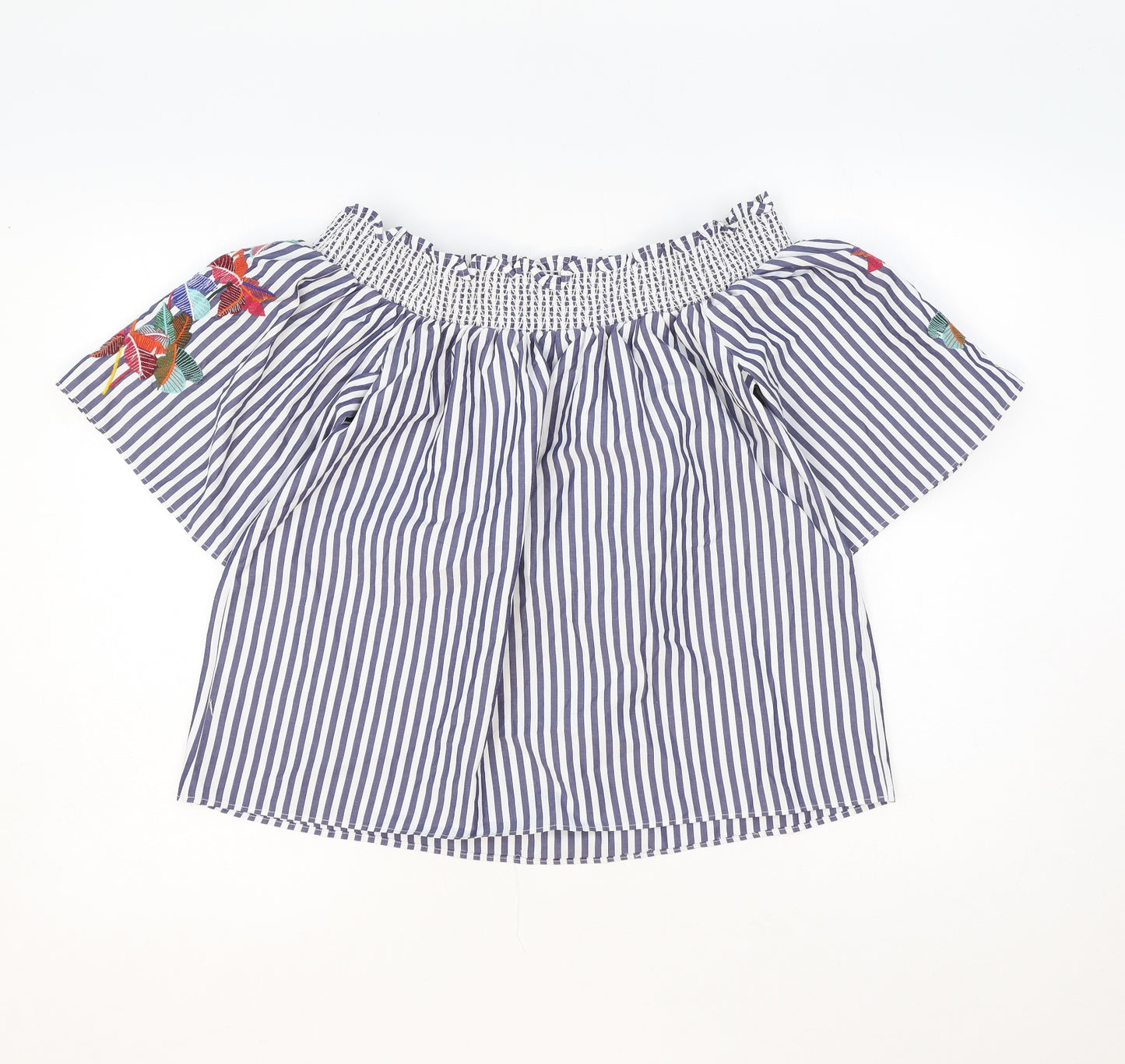 Marks and Spencer Womens Blue Striped Polyester Cropped Tank Size 8 Off the Shoulder - Palm Tree Embroidery