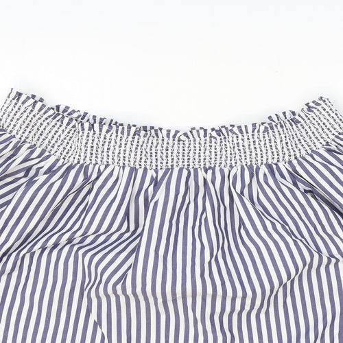 Marks and Spencer Womens Blue Striped Polyester Cropped Tank Size 8 Off the Shoulder - Palm Tree Embroidery