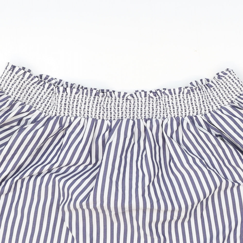 Marks and Spencer Womens Blue Striped Polyester Cropped Tank Size 8 Off the Shoulder - Palm Tree Embroidery
