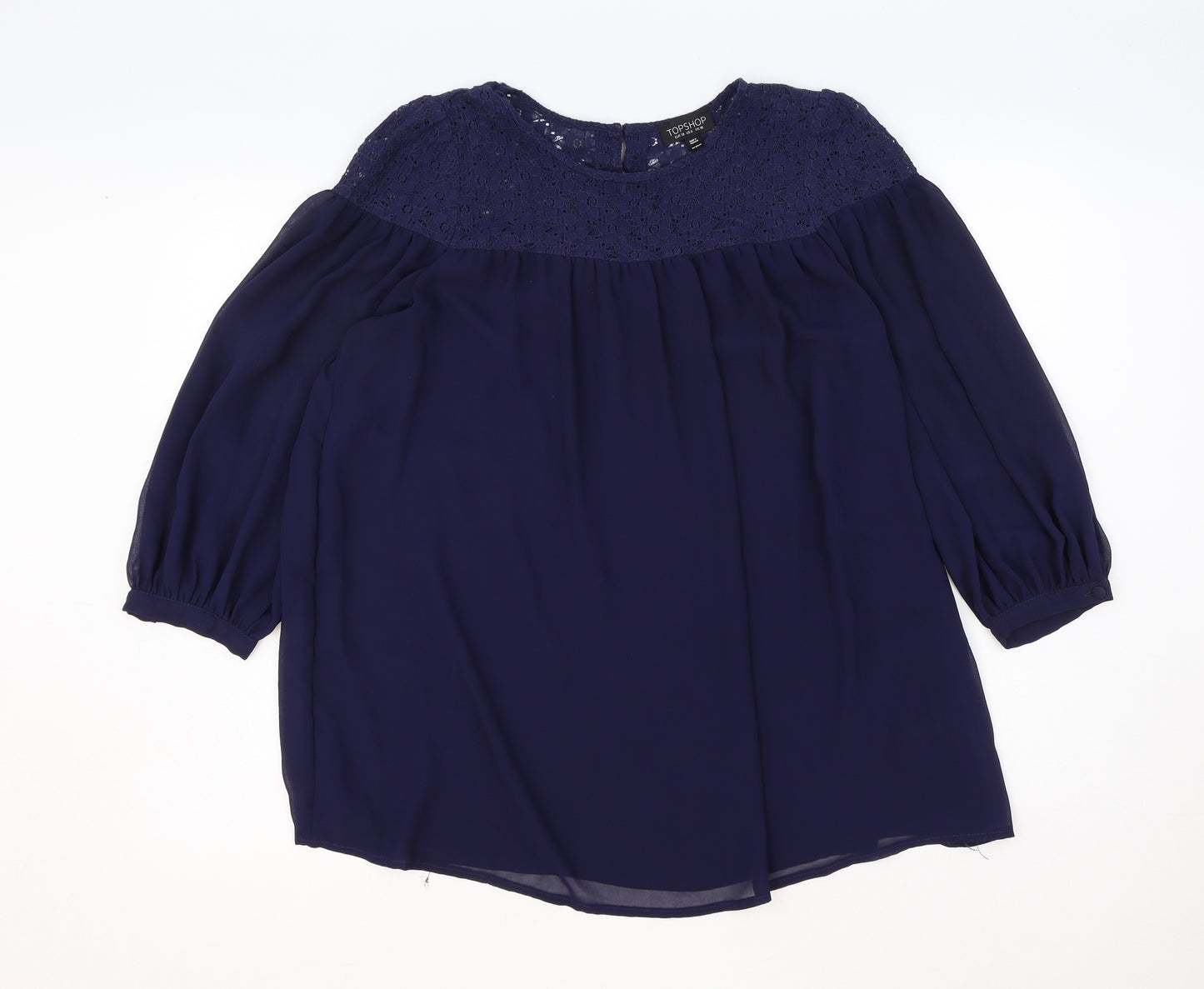 Topshop Womens Blue Polyester Basic Blouse Size 10 Round Neck - Lace Detail