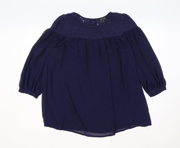 Topshop Womens Blue Polyester Basic Blouse Size 10 Round Neck - Lace Detail
