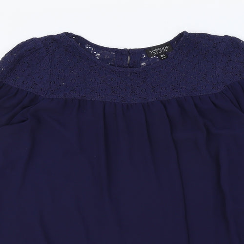 Topshop Womens Blue Polyester Basic Blouse Size 10 Round Neck - Lace Detail