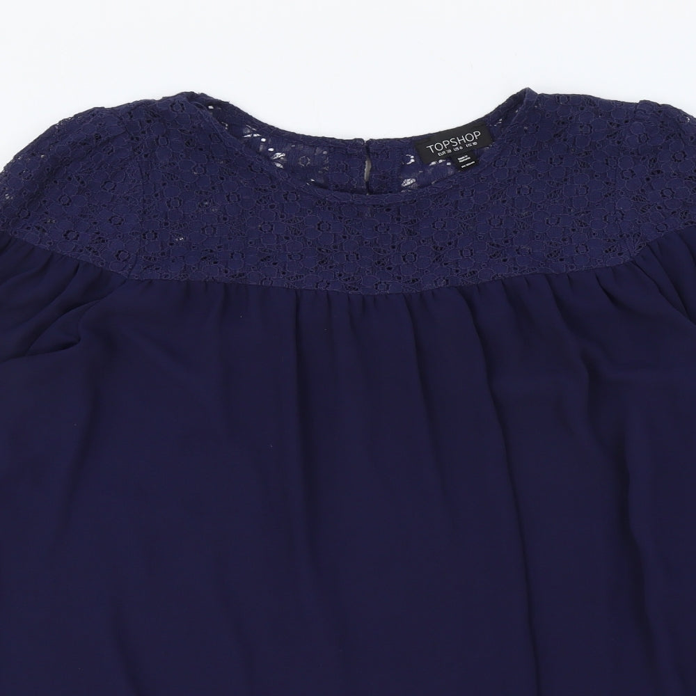 Topshop Womens Blue Polyester Basic Blouse Size 10 Round Neck - Lace Detail
