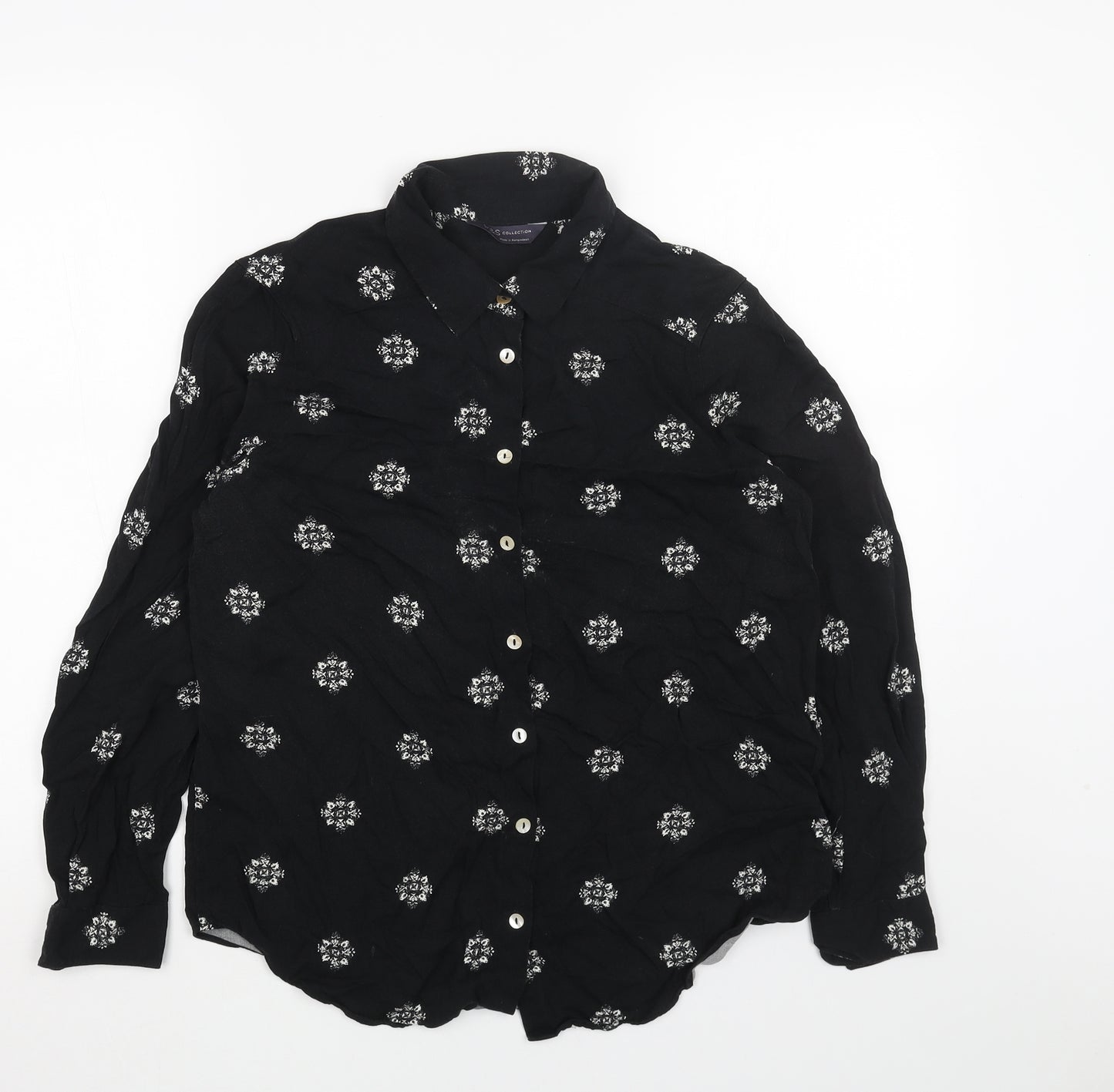 Marks and Spencer Womens Black Geometric Viscose Basic Button-Up Size 12 Collared