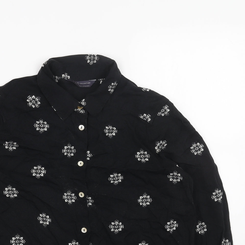 Marks and Spencer Womens Black Geometric Viscose Basic Button-Up Size 12 Collared