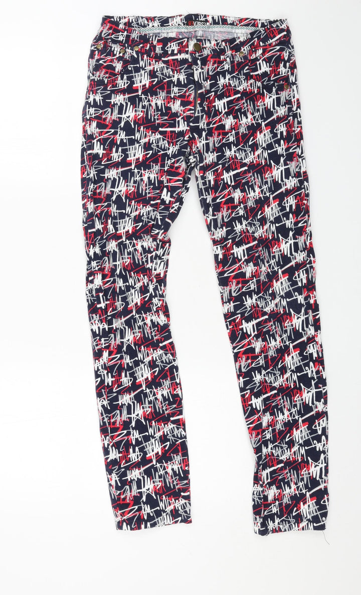 Reverse Womens Blue Geometric Cotton Trousers Size 32 L28 in Regular Button - Graffiti