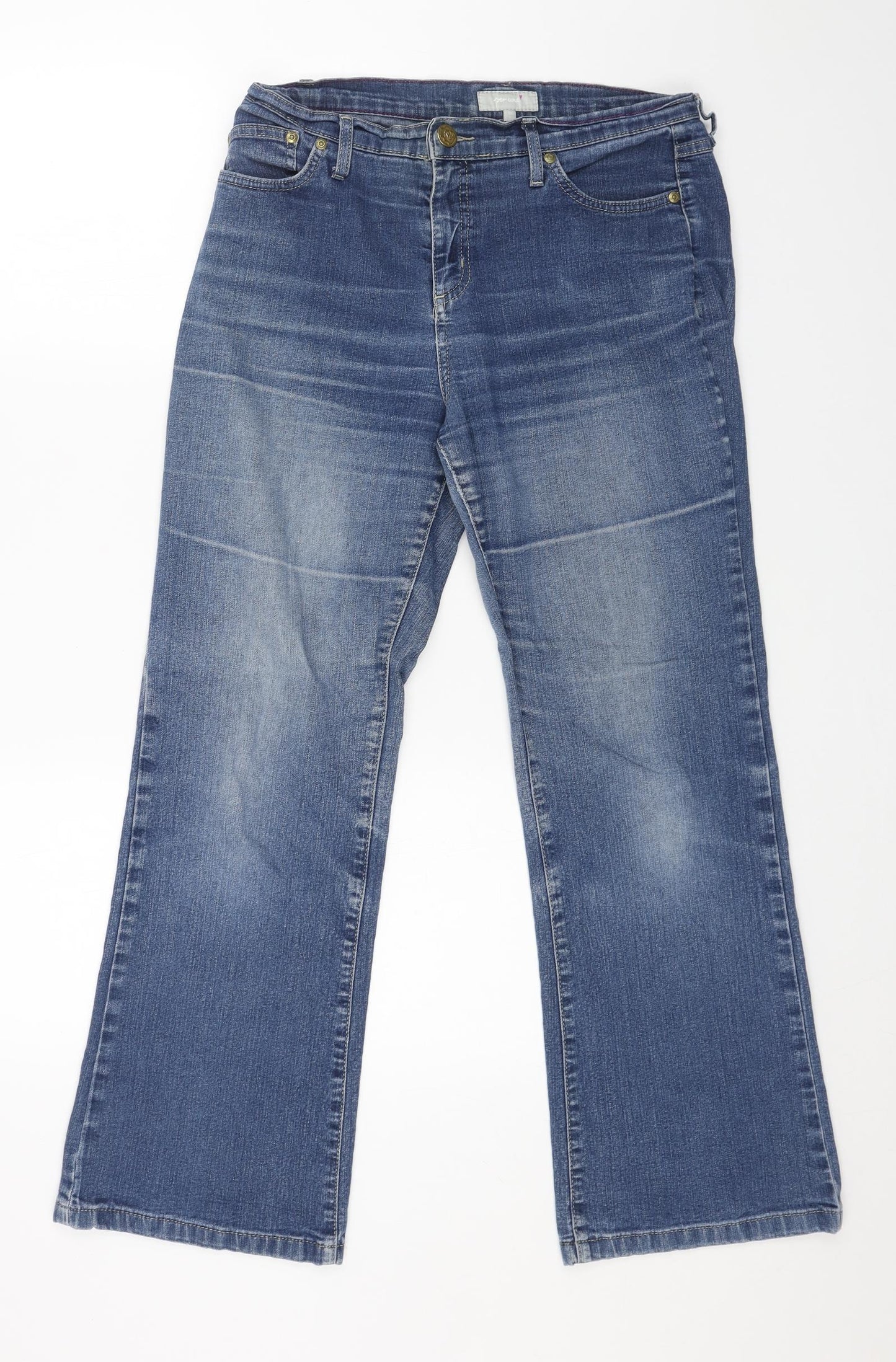 Per Una Womens Blue Cotton Bootcut Jeans Size 12 L27 in Regular Button