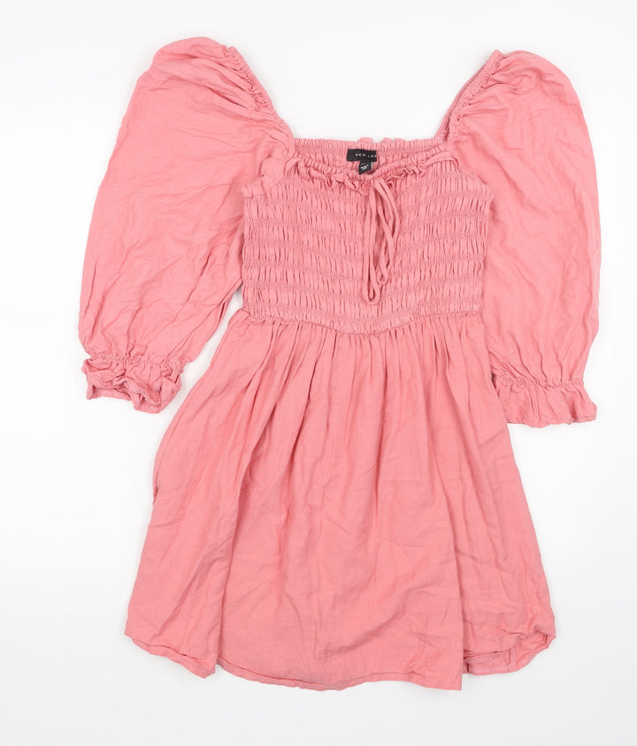 New Look Womens Pink Cotton Fit & Flare Size 10 Square Neck Pullover