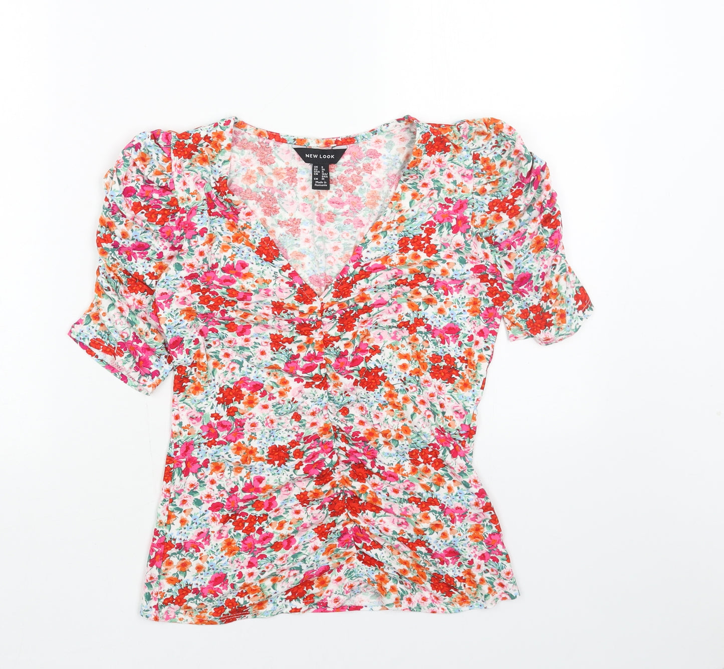 New Look Womens Multicoloured Floral Viscose Basic Blouse Size 8 V-Neck - Front Ruched