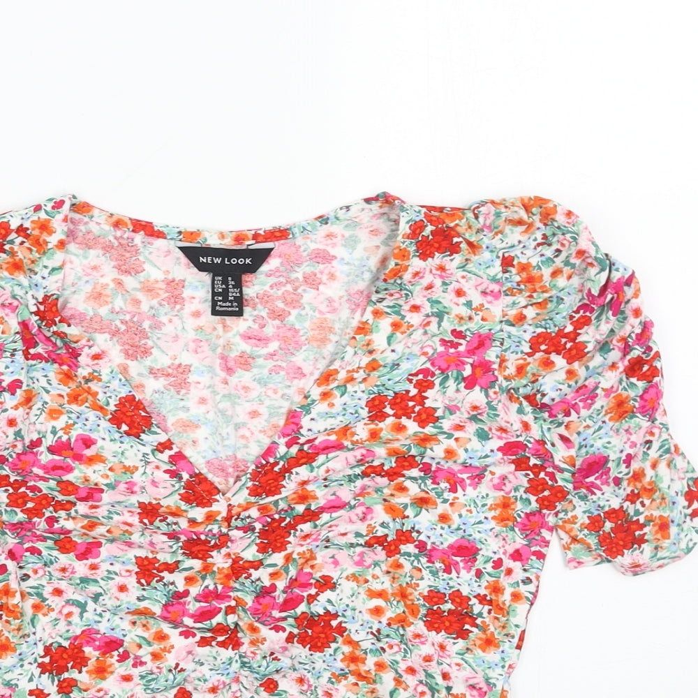 New Look Womens Multicoloured Floral Viscose Basic Blouse Size 8 V-Neck - Front Ruched