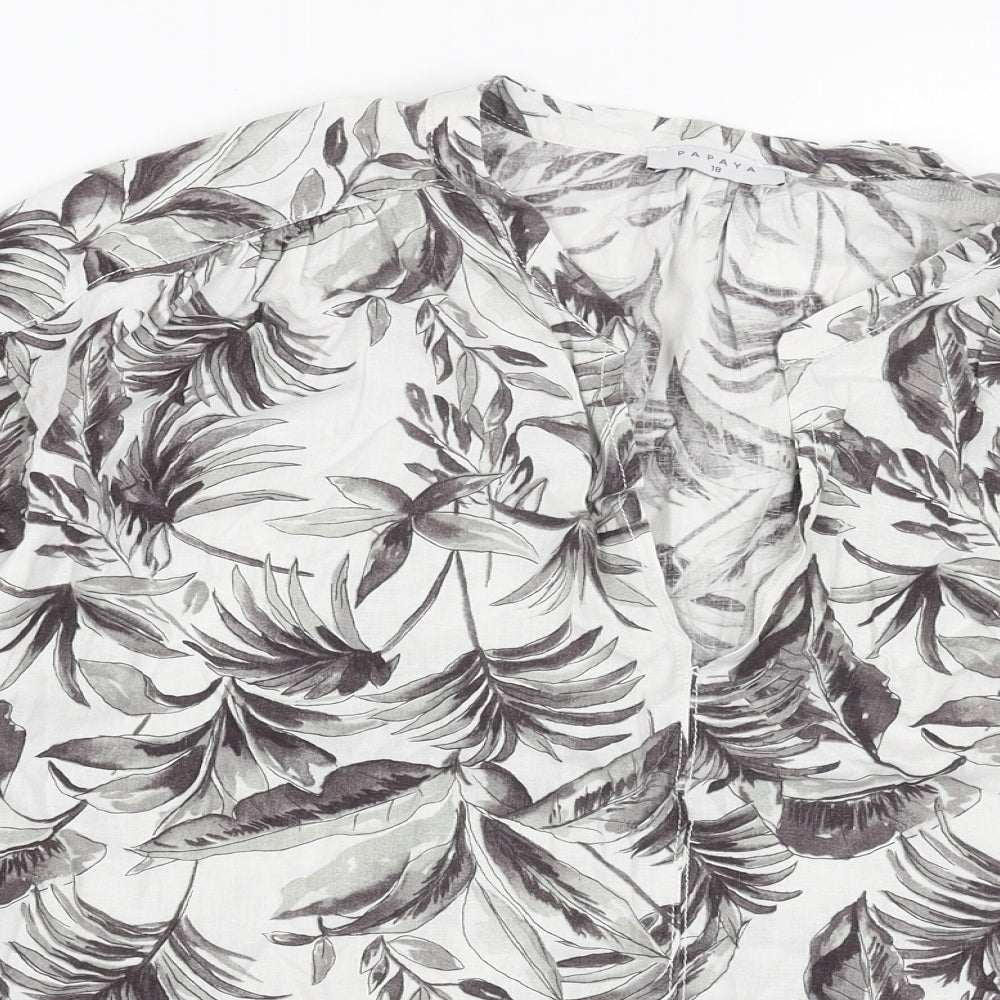 Papaya Womens White Geometric Linen Basic Blouse Size 18 V-Neck