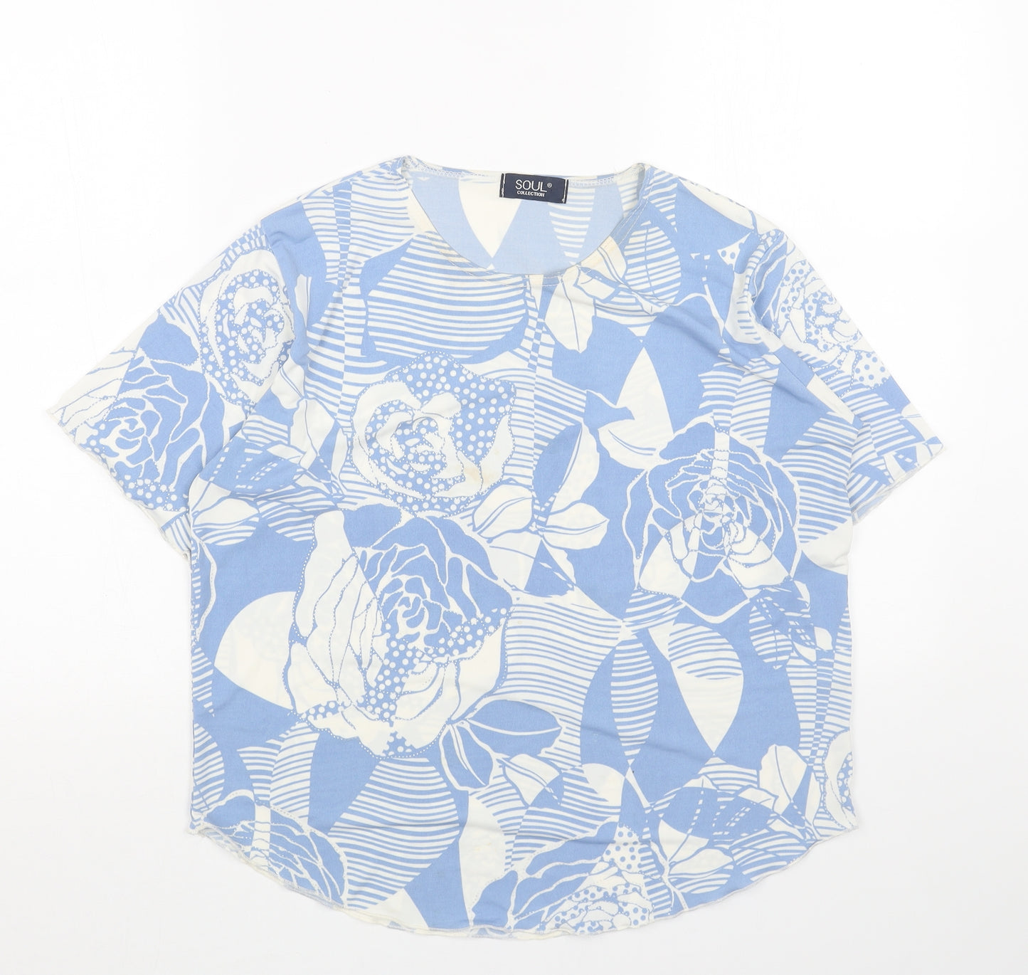 Soul Womens Blue Geometric Polyester Basic Blouse Size M Round Neck