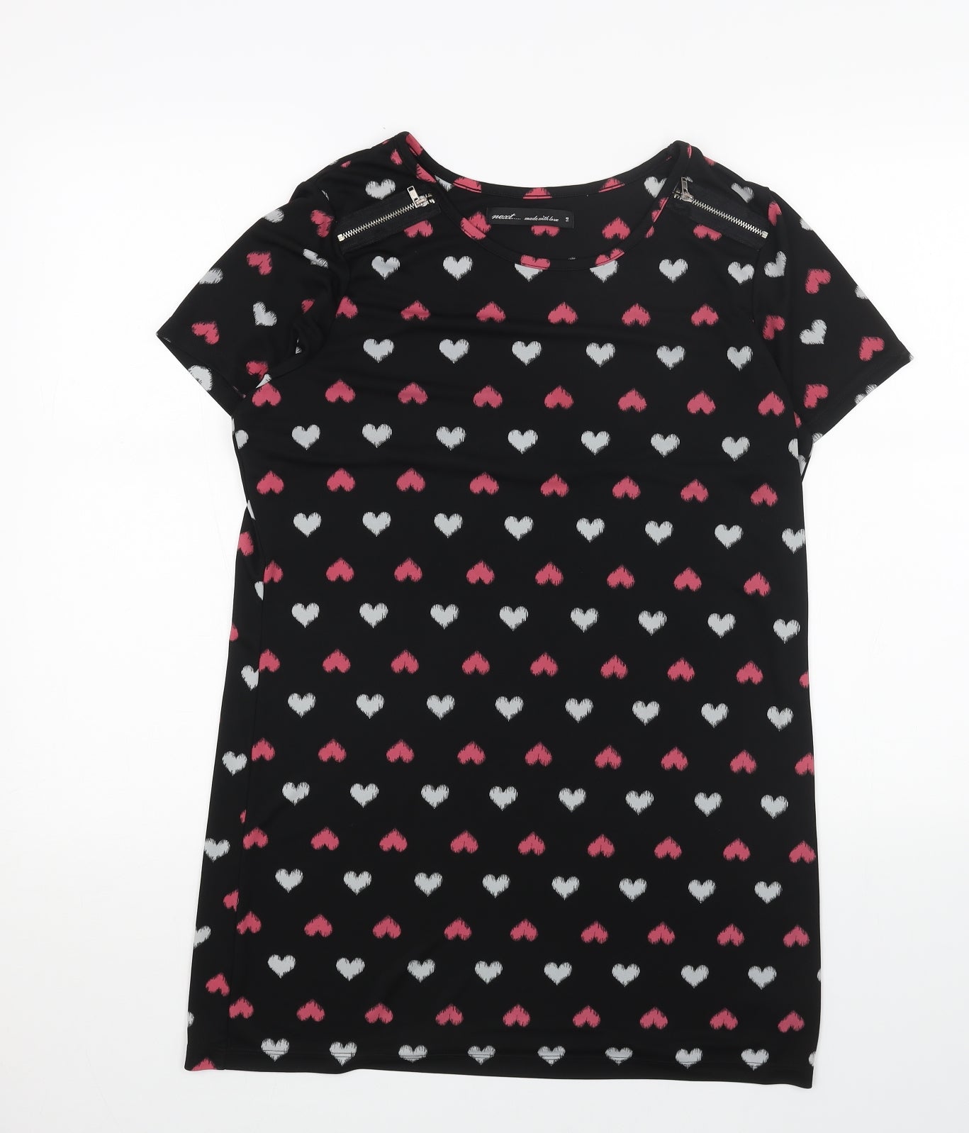 NEXT Womens Black Geometric Polyester T-Shirt Dress Size 14 Round Neck Zip - Heart Pattern