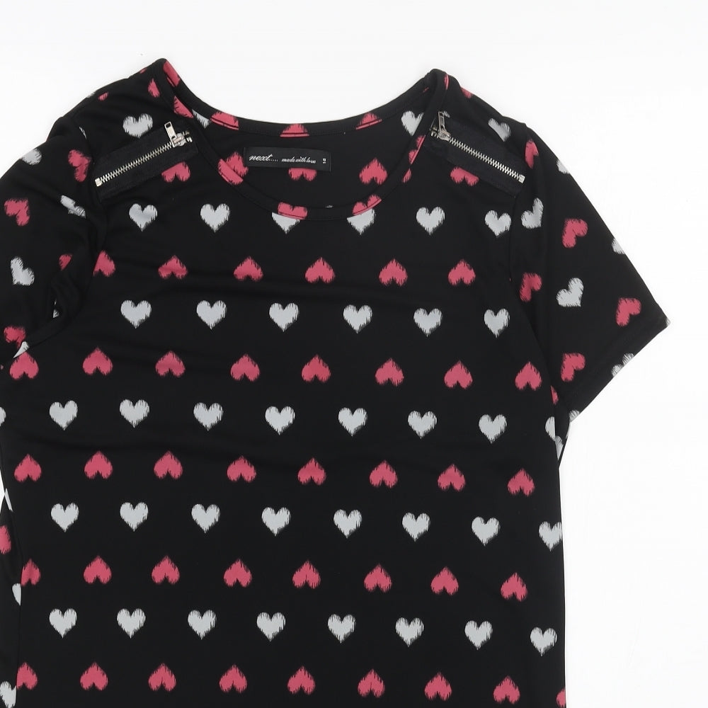 NEXT Womens Black Geometric Polyester T-Shirt Dress Size 14 Round Neck Zip - Heart Pattern