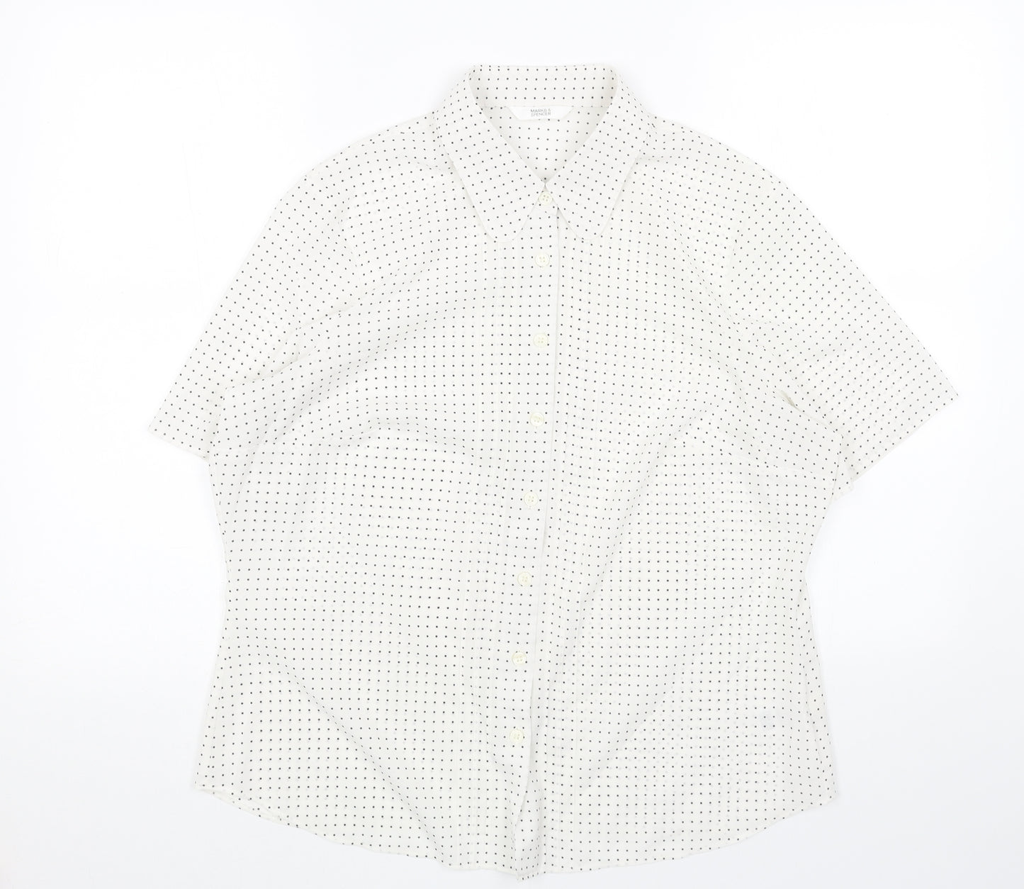 Marks and Spencer Womens White Polka Dot Polyester Basic Button-Up Size 16 Collared