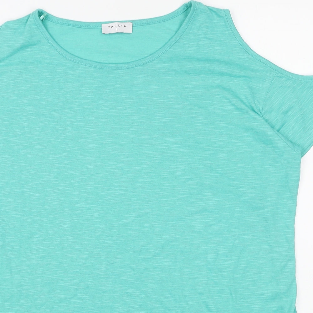 Papaya Womens Green Polyester Basic T-Shirt Size L Boat Neck - Cold Shoulder