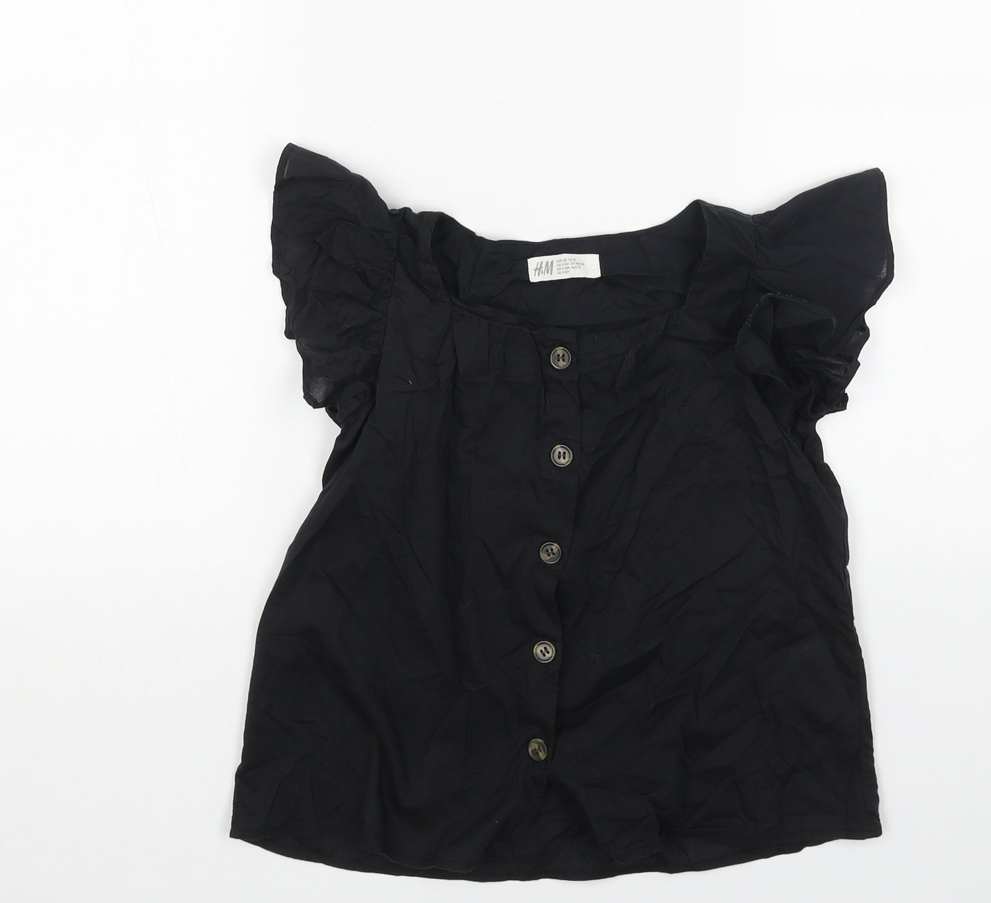 H&M Girls Black Cotton Basic Blouse Size 9-10 Years Boat Neck Button
