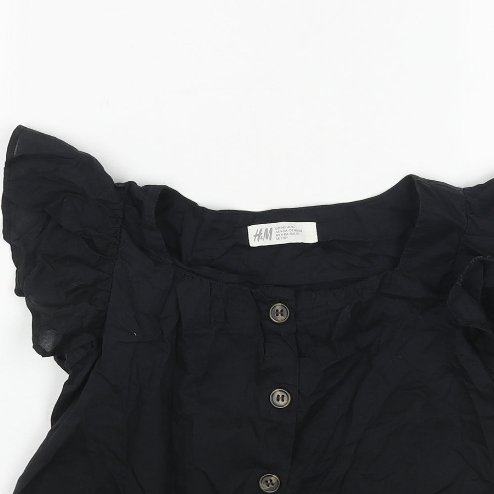 H&M Girls Black Cotton Basic Blouse Size 9-10 Years Boat Neck Button