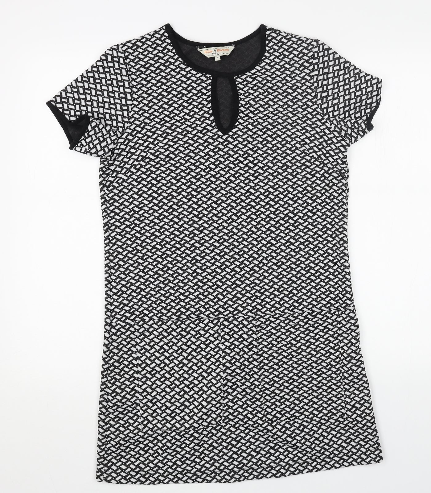 Billie & Blossom Womens Black Geometric Polyester Shift Size 8 Scoop Neck Pullover