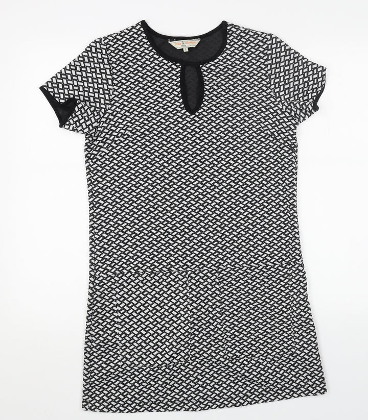 Billie & Blossom Womens Black Geometric Polyester Shift Size 8 Scoop Neck Pullover