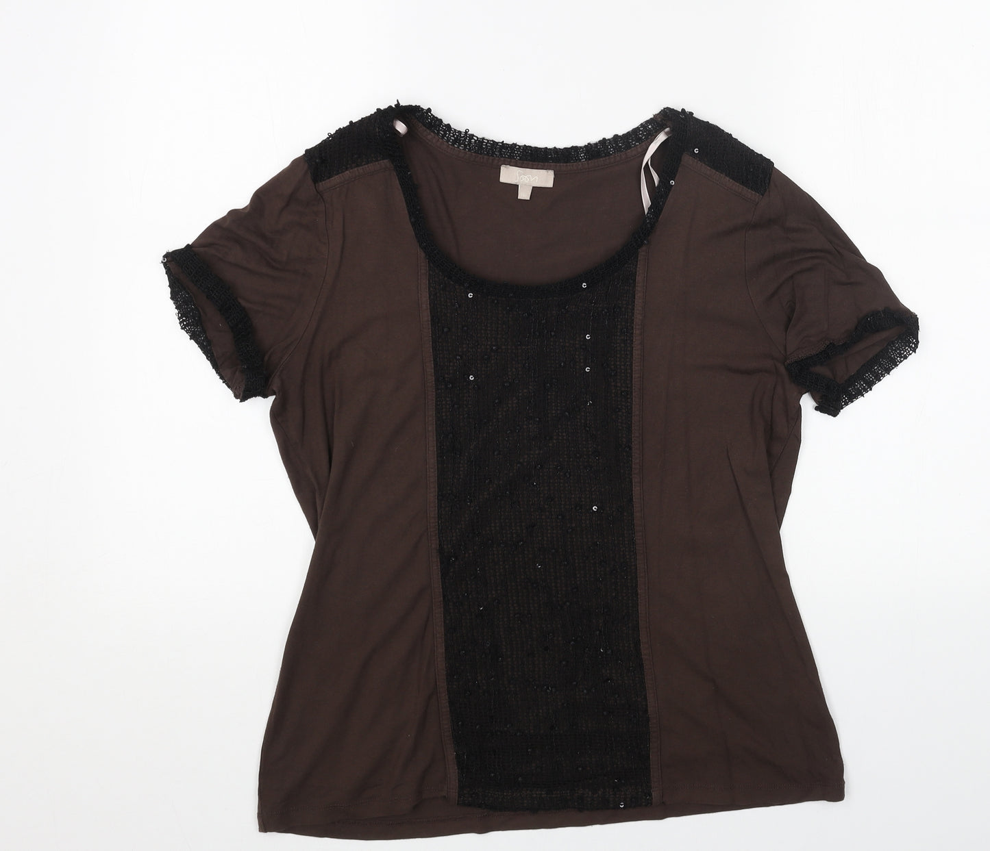 Monsoon Womens Brown Viscose Basic T-Shirt Size 16 Scoop Neck - Lace Details