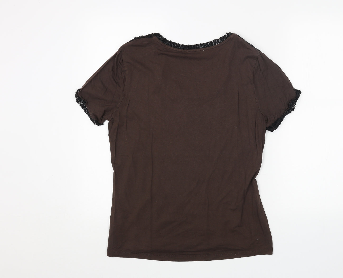 Monsoon Womens Brown Viscose Basic T-Shirt Size 16 Scoop Neck - Lace Details