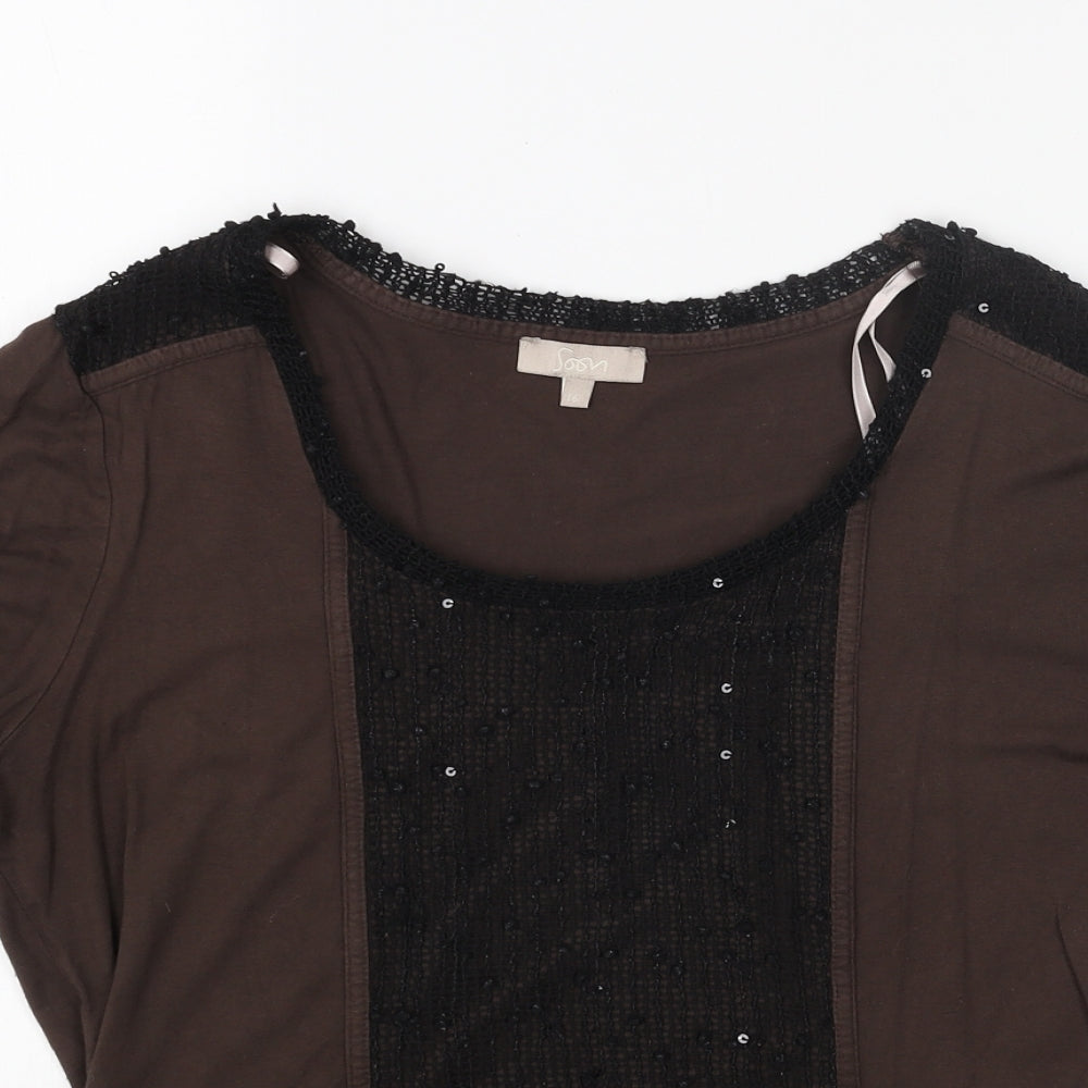 Monsoon Womens Brown Viscose Basic T-Shirt Size 16 Scoop Neck - Lace Details