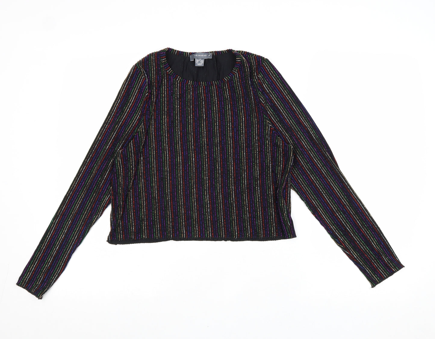 Primark Womens Black Striped Polyester Cropped Blouse Size 12 Scoop Neck