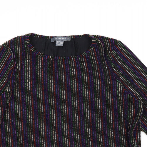 Primark Womens Black Striped Polyester Cropped Blouse Size 12 Scoop Neck