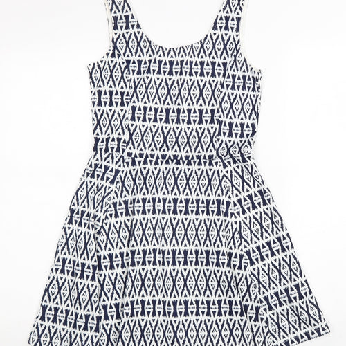 Divided Womens White Geometric Polyester Skater Dress Size 10 Scoop Neck Pullover