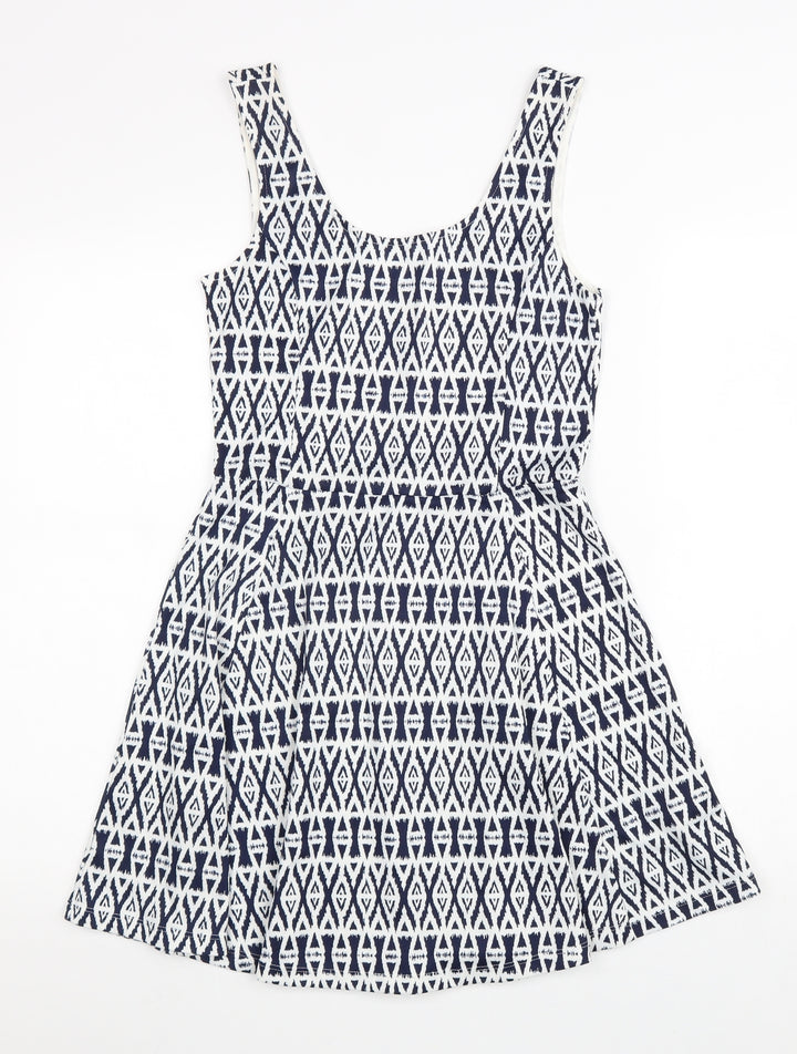 Divided Womens White Geometric Polyester Skater Dress Size 10 Scoop Neck Pullover