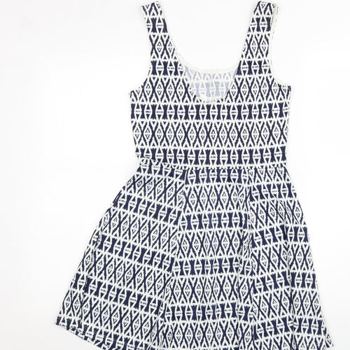 Divided Womens White Geometric Polyester Skater Dress Size 10 Scoop Neck Pullover