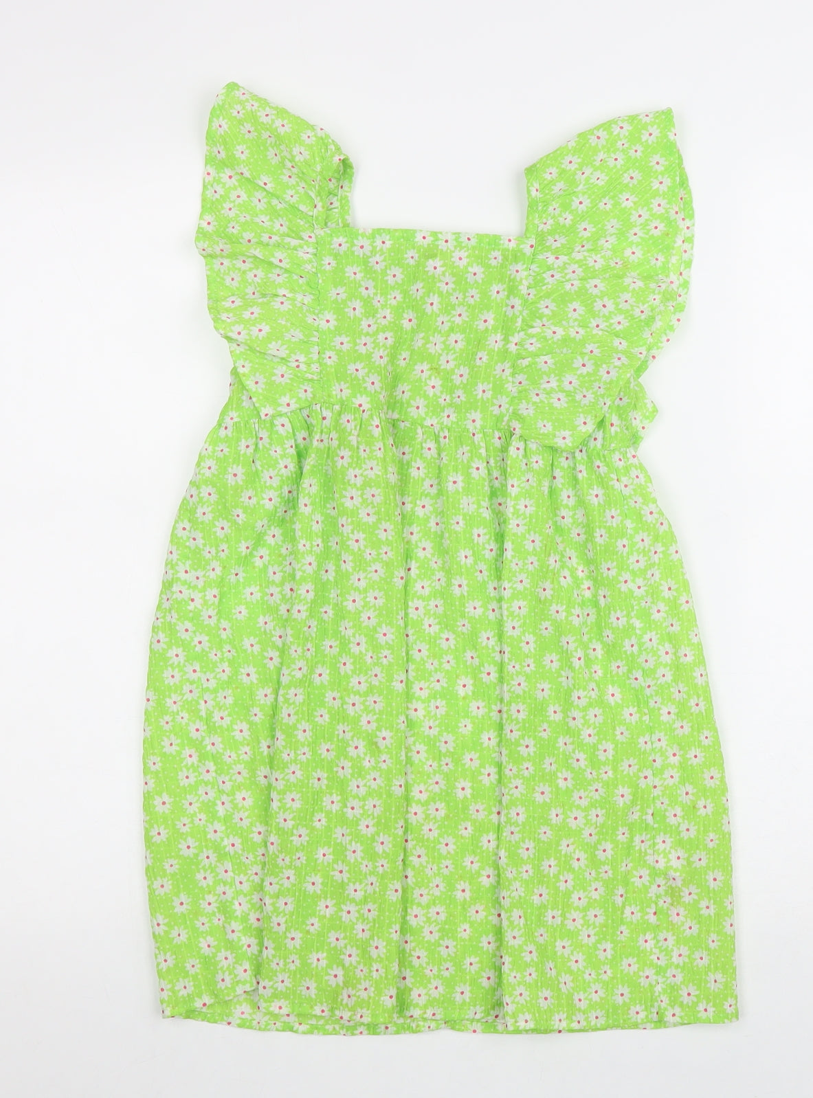 Primark Girls Green Floral Polyester A-Line Size 6-7 Years Square Neck Pullover - Shirred Back