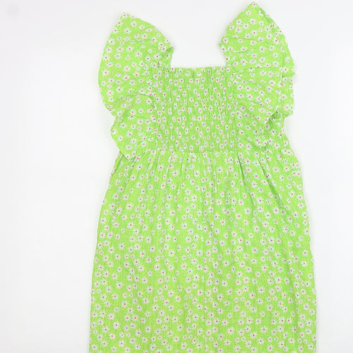 Primark Girls Green Floral Polyester A-Line Size 6-7 Years Square Neck Pullover - Shirred Back