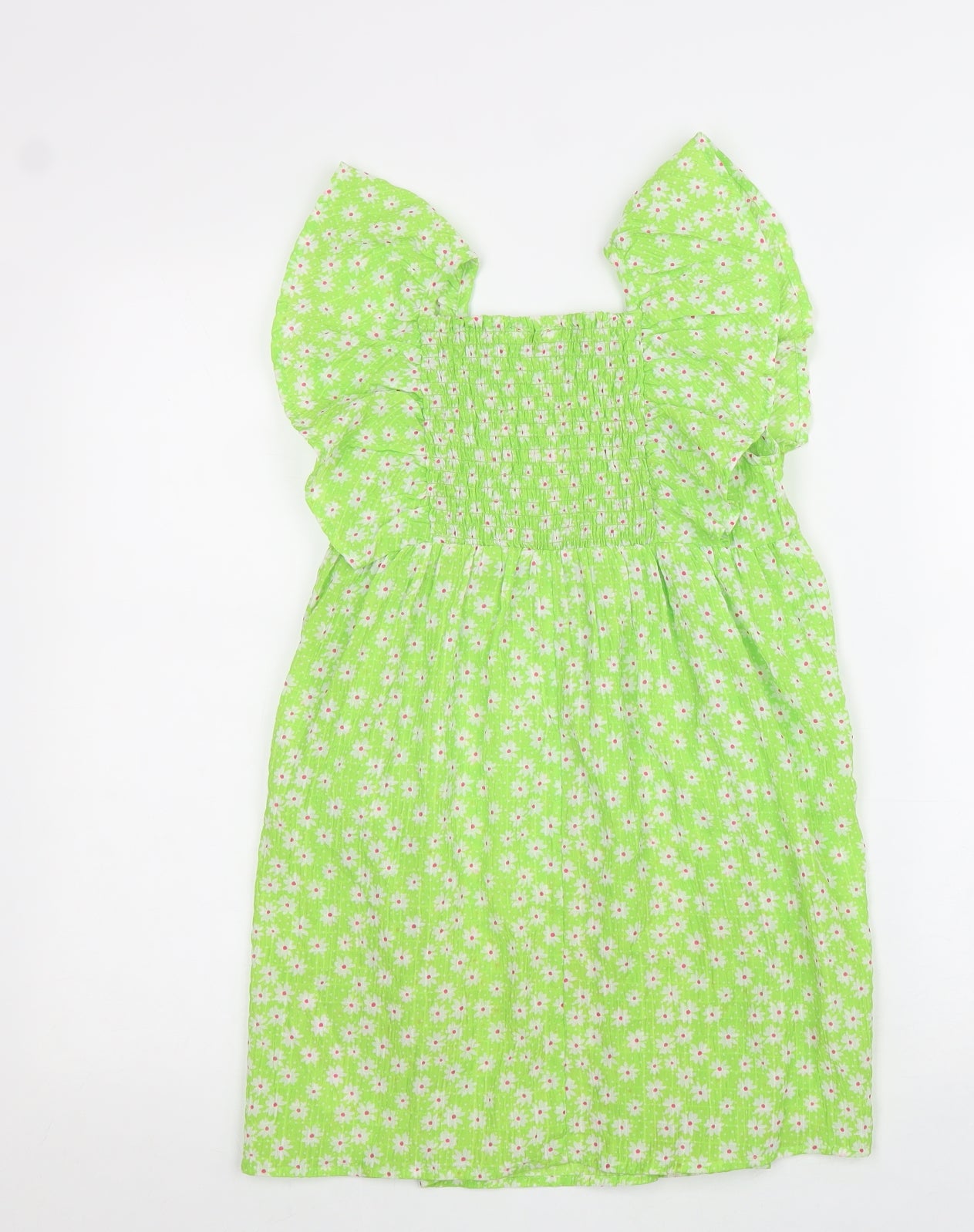 Primark Girls Green Floral Polyester A-Line Size 6-7 Years Square Neck Pullover - Shirred Back
