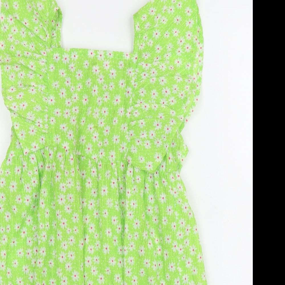 Primark Girls Green Floral Polyester A-Line Size 6-7 Years Square Neck Pullover - Shirred Back