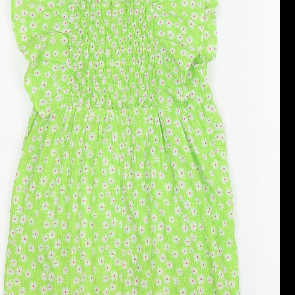 Primark Girls Green Floral Polyester A-Line Size 6-7 Years Square Neck Pullover - Shirred Back