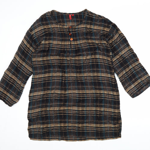 Fransa Womens Brown Plaid Viscose A-Line Size M Round Neck Pullover